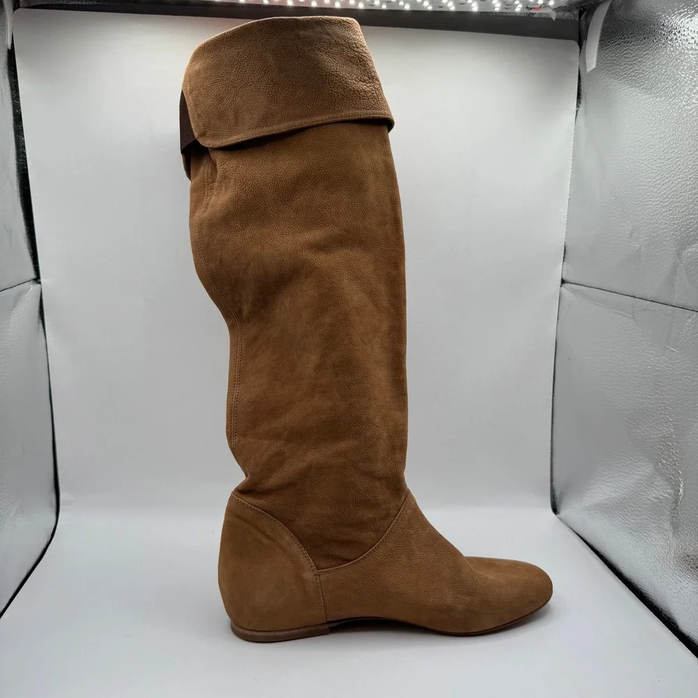 Over The Knee Boots Womens 38 Tan Brown Leather Flat Fold Over Cuff Italy
